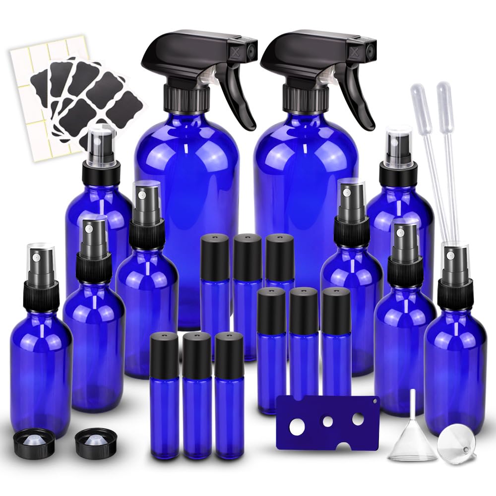 Glass Spray Bottle Kit×10 (2×16 oz, 2×4 oz, 6×2 oz), 9×10 ml Roller Bottles, Anti UV, Multi Size and Versatile, Suitable for Aromatherapy, Facial Moisturizing, Watering, etc.(Blue