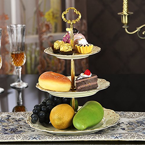 YOLIFE Flowering Shrubs Pattern 3 Tiered Cupcake Stand,Emboss Golden Leaves Edge Tea Party Pastry Tower,6-8-10 inch - Thumbnail 3