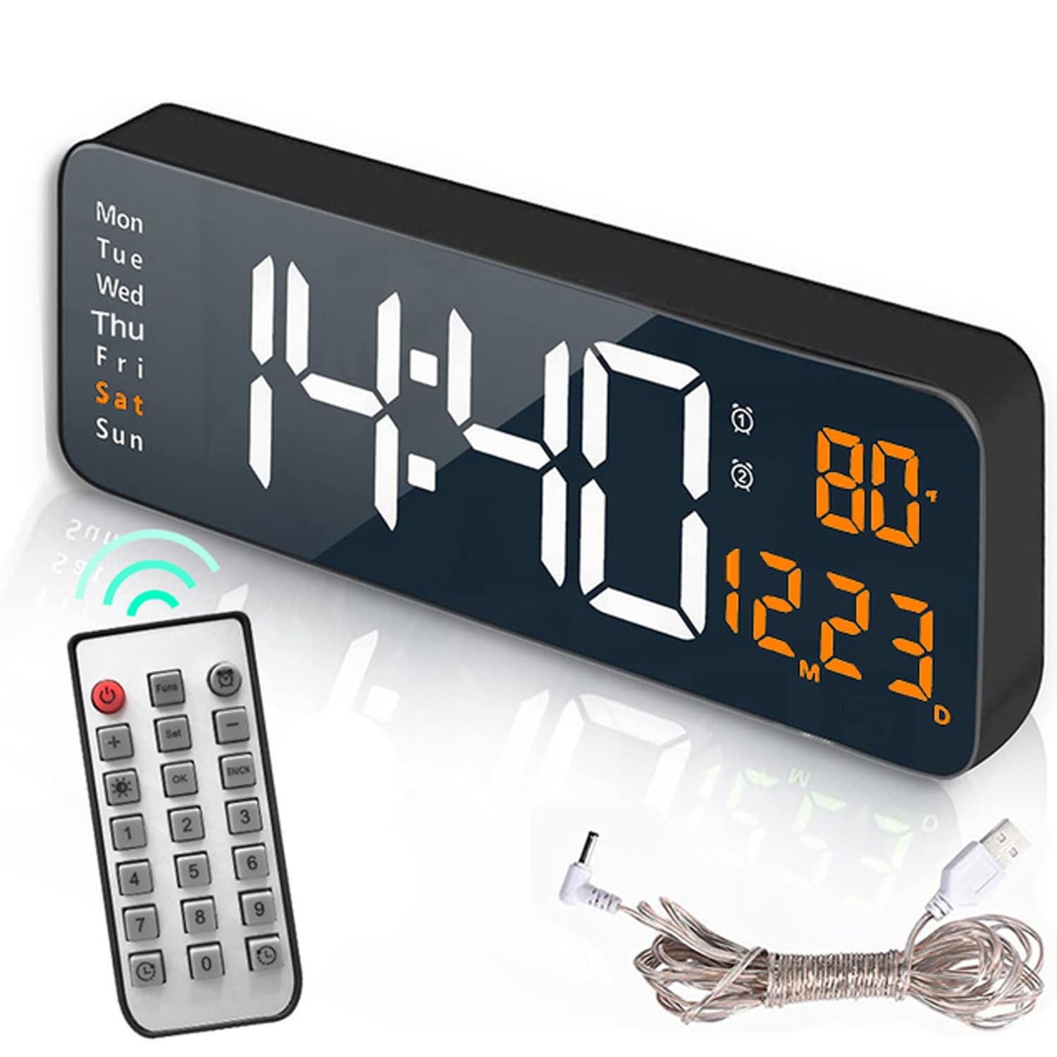 TriLine LED Large Digital Wall Clock for Living Room, Bedroom with Remote Control, 16 Inch LED Desk Clock Temperature, Date, Week, Dual Alarms, 10 Level Dimming, Count Up& Down (Orange)