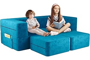 linor Kids Couch, Toddler Couch with Washable and Durable Covers, Modular Kids Sofa Couch, Foldable Loveseat & Two Ottoman, Fold Out Lounger (Navy)