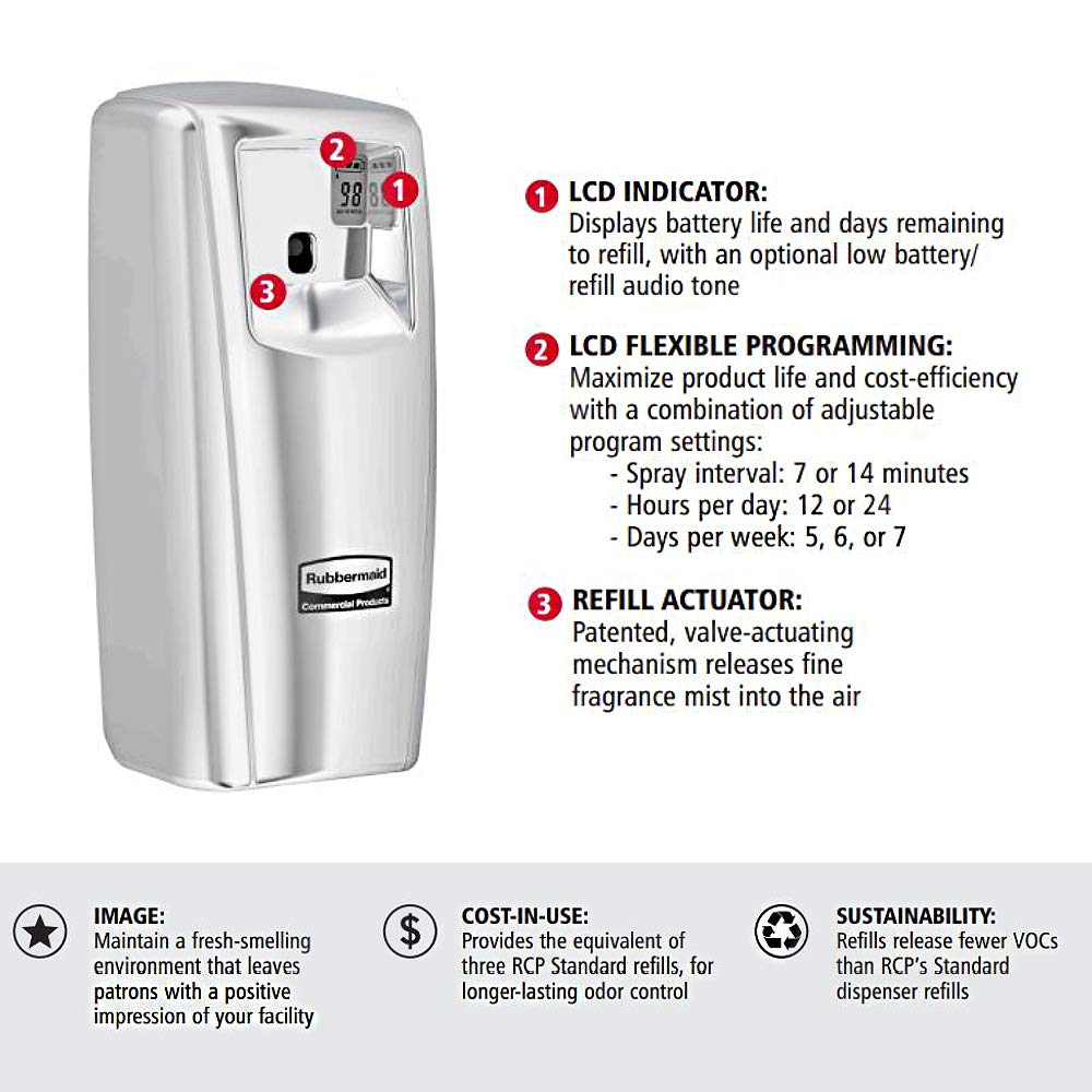 Rubbermaid Commercial Products Microburst Automated Odor-Controlling Aerosol Air Care System, MB9000 Dispenser, Chrome, for Restaurants/Hotels/Schools/Airports/Offices