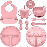 Munlinder Silicone Baby Feeding Set | Baby Led Weaning Supplies Includes Suction Bowls and Divided Plates, Adjustable Bib, Baby Utensils Spoons and Forks,Cup | Baby Feeding Essentials (Pink)