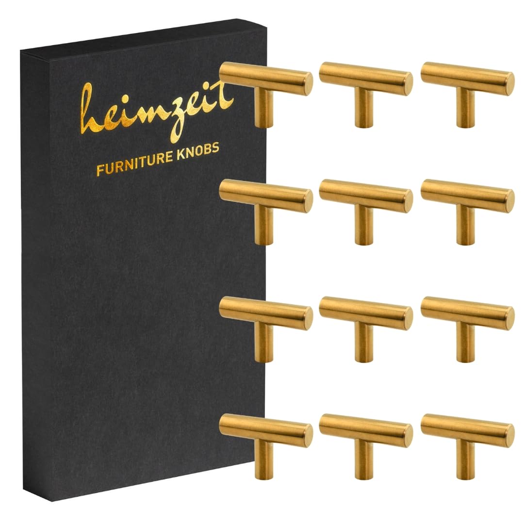 heimzeit Cabinet Knobs Bar for Doors, Drawers, and Dressers Made of Stainless Steel [12 Pieces, T-Shape] Color: Gold, Stylish Design, Furniture Knobs with Single Hole Grip and Screws