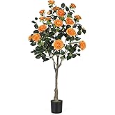 47 inch Artificial Camellia Tree with Blooming Orange Flowers, Free Maintencace 4 FT Fake Tree, Faux Plants with Blooming Flowers, for Indoor Outdoor Home Office Front Door Decor