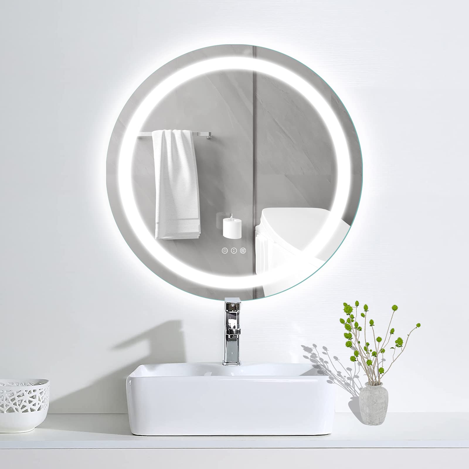 Amorho LED Bathroom Mirror Round 32, Dimmable Makeup Mirror, Frameless Shatter-Proof Anti-Fog Circle Mirrors for Wall with Double Lights (Backlit + Front-Lighted)