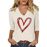 Vircreate Womens 3/4 Sleeve V Neck T-Shirts Valentina's Day Spring Shirts Love Heart Graphic Tee Tops