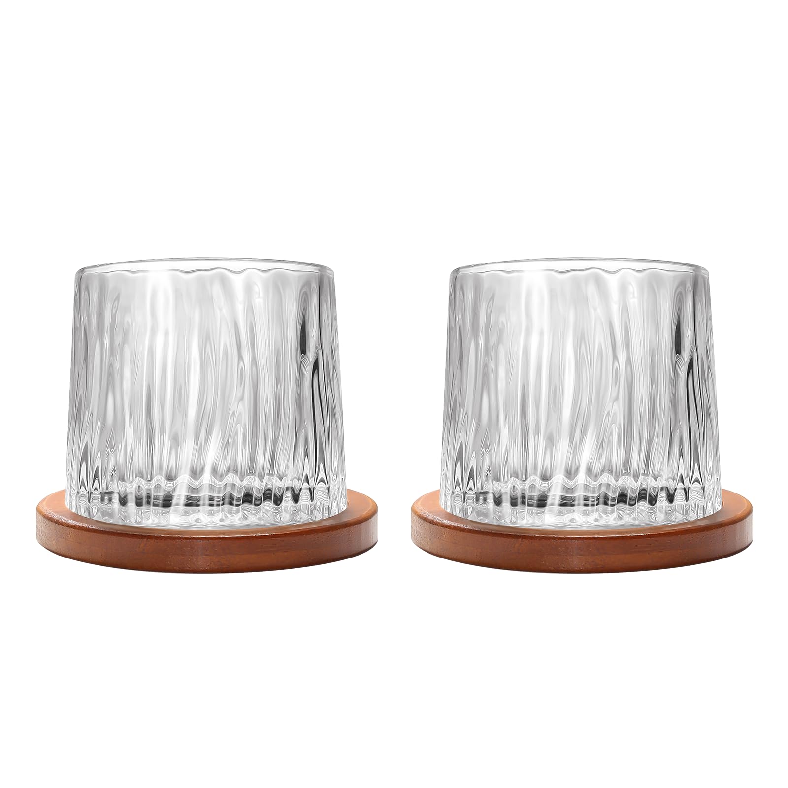 Rotatable Old Fashioned Crystal Whiskey Glass Set of 2, 275ml/10oz, Wood Coaster, Thickened, Used as Rum, Cocktail, Coffee, Milk Cup for Relaxation