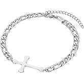 Ailetop Silver Cross Bracelet for Men Teens, Stainless Steel Cuban/Figaro Cross Chain Link Bracelet 5mm 7+2 Inches, Christian Religious Jesus Confirmation Jewelry Gifts for Him