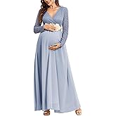 CYCLAMEN Maternity Dress Flowy A-Line Wrap Gown with Floral Lace and Contrast Chiffon Long Sleeve V Neck for Baby Shower