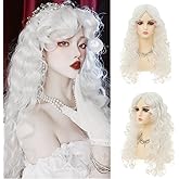 Dai Cloud White Long Curly Wigs for Women With bangs Synthetic Queen Princess Middle Part Hair Wig for Cosplay Halloween
