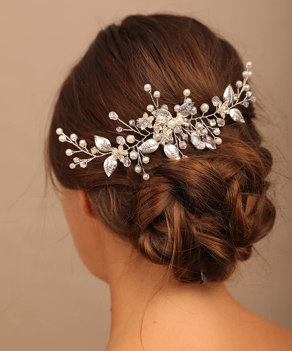Chargances Bridal Pearl Leaf Hair Comb Wedding Silver Crystal Beaded Hair Vine Comb Fashion Flower Rhinestone Handmade Hair Accessory Dainty Head Piece for Women Bridesmaid Girls (Silver)