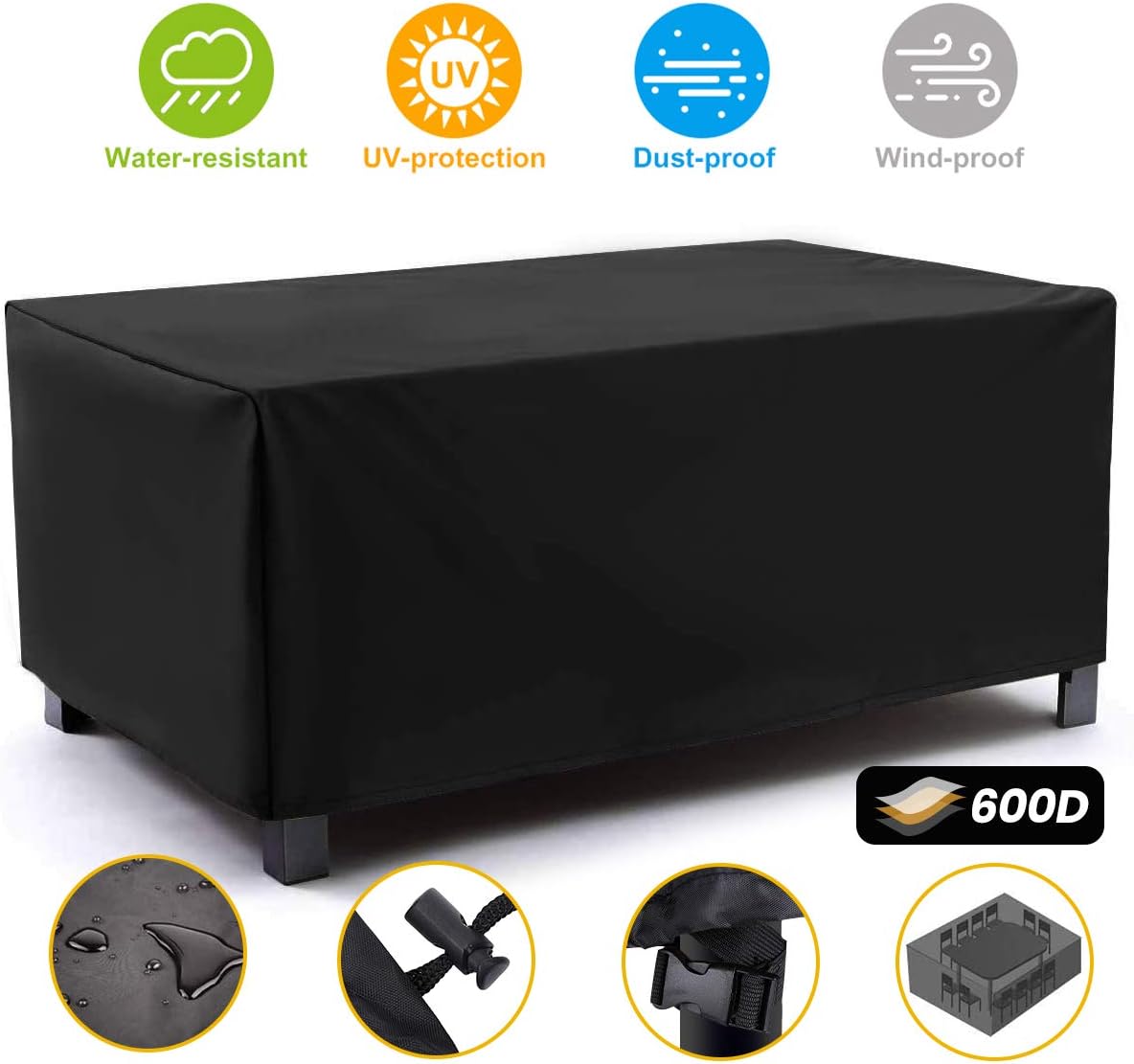 NASUM Patio Furniture Covers, 71x42x23inch, Outdoor Furniture Cover Made of 600D Heavy Duty Oxford Fabric,Waterproof Windproof Table Cover, Rain Snow Dust Wind-Proof, Anti-UV, Black Patio Square Cover: Kitchen & Dining
