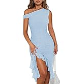 Women Sleeveless One Shoulder Bodycon Midi Dress Summer Side Slit Mesh Irregular Ruffle Cocktail Dress for Women