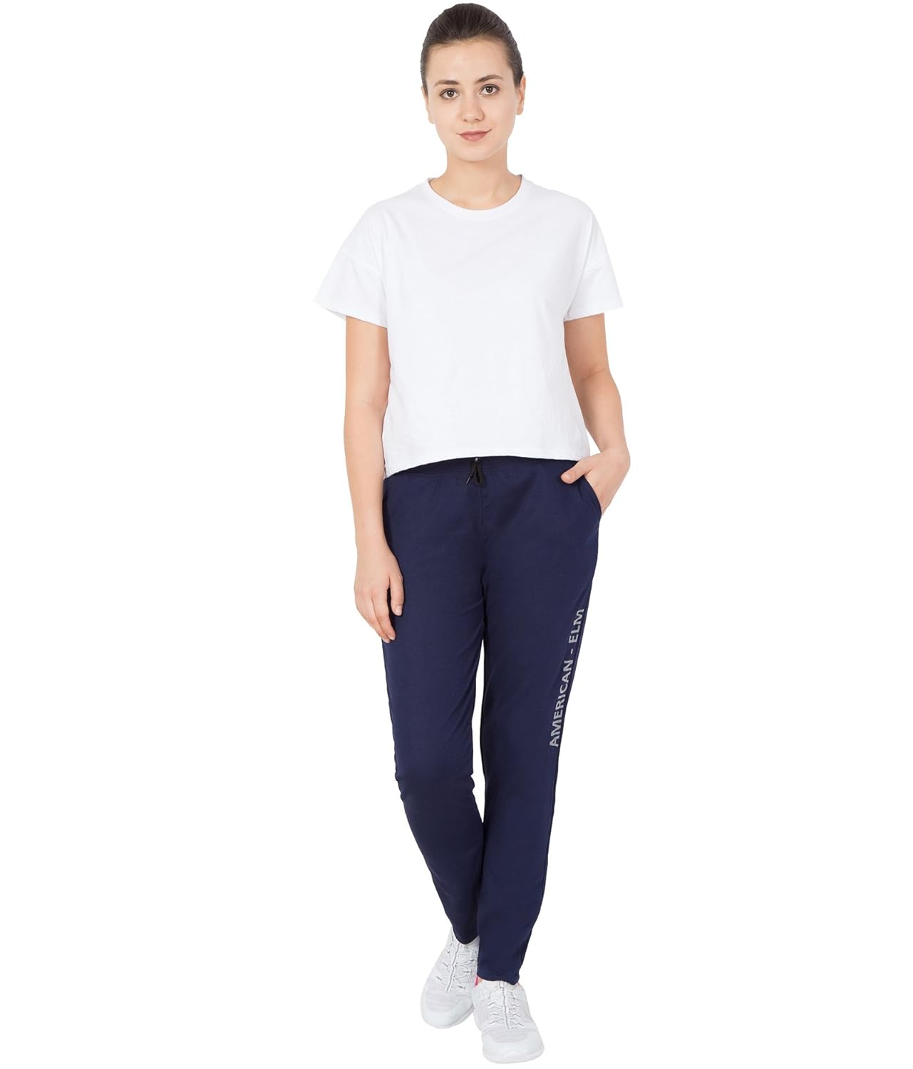 american-elm women's navy blue printed trackpant