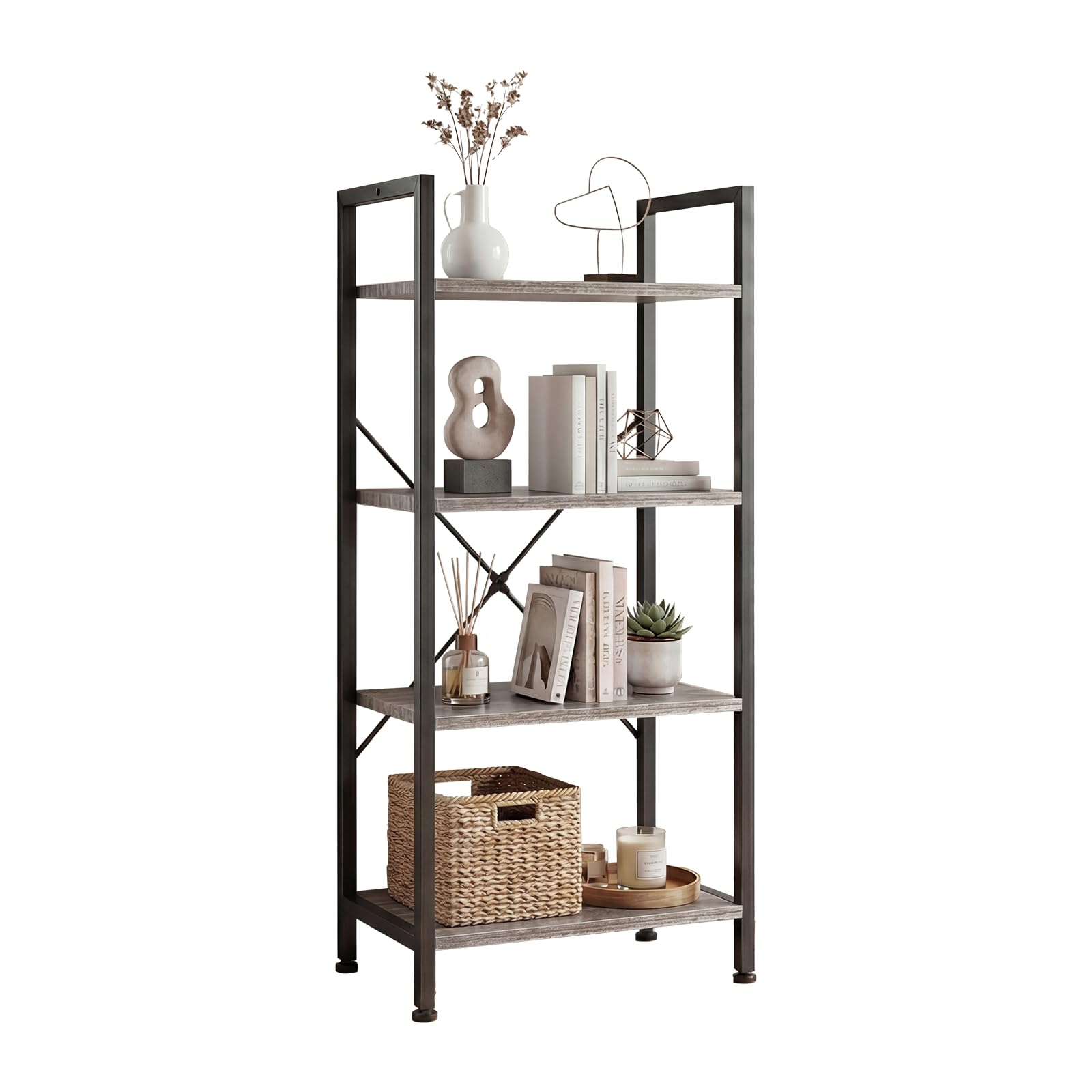 DUMOS 4 Tiers Bookshelf, Classical Book Shelf, Tall Display Shelves in Living Room/Home/Office, Storage Organizer for CDs/Books/Movies, Wood Grey Image