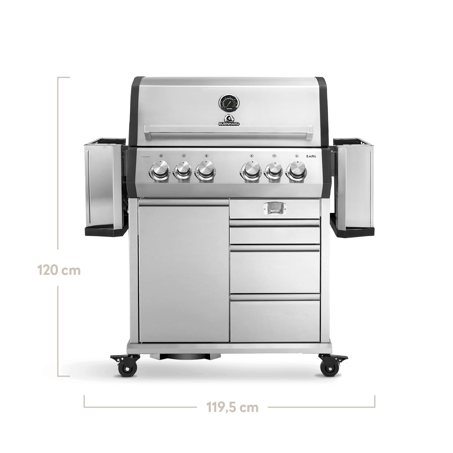 BURNHARD® 4-Brenner Gasgrill Edelstahl inkl. Heckbrenner, mit Gusseisen Grillrost & inkl. stabiler Abdeckhaube, Seitenkochfeld mit Infrarot Keramikbrenner - Big EARL 3