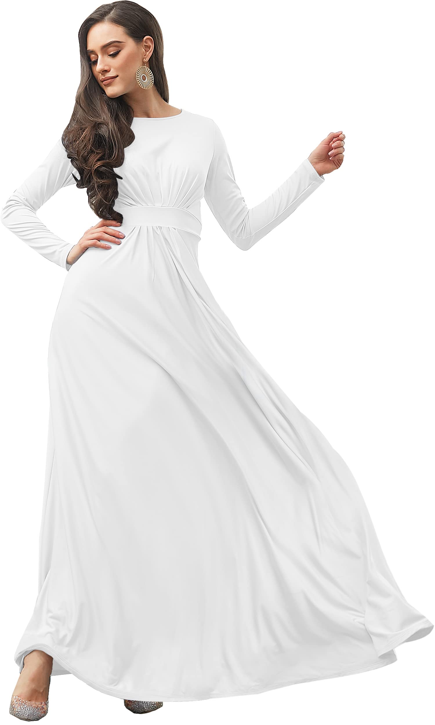 Photo 1 of KOH KOH Womens Long Full Sleeve Sleeves Flowy Empire Waist Fall Winter Modest Formal Floor Length Abaya Muslim Bridesmaid Bridal Gown Gowns Maxi Dress Dresses, Ivory White L 12-14