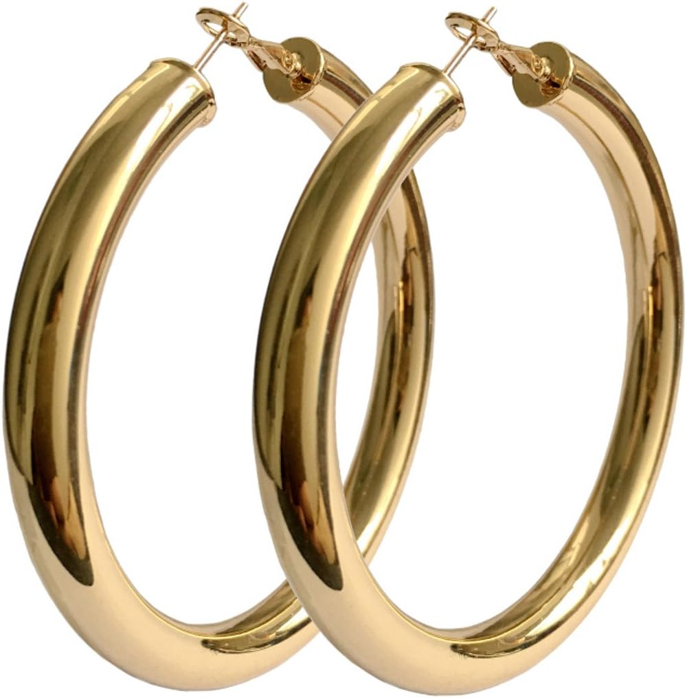 18K Gold Polished Fashion High-profile Big Hoop Earrings with Omega Backs (LARGE)