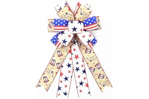 HGSALK Large 4th of July Patriotic Bows for Wreath, America Flag Bows Memorial Day Wreath Bow Burlap Red Blue White Stars Stripes Bow Patriotic Décor Bows for Independence Day Party Door Wall Decoration