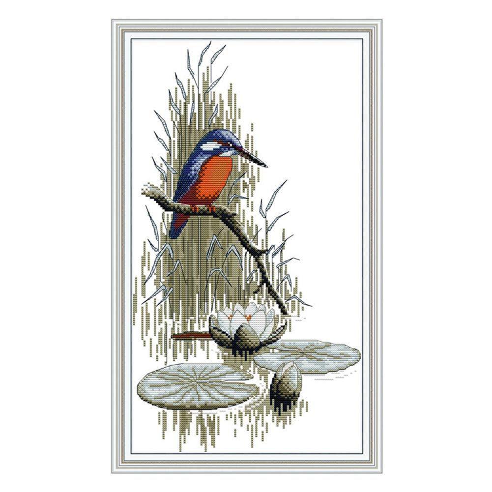 WOWDECOR Cross Stitch Embroidery Kits for Adults, Birds Riverside Lotus 11CT Stamped DIY DMC Needlework Easy Beginners