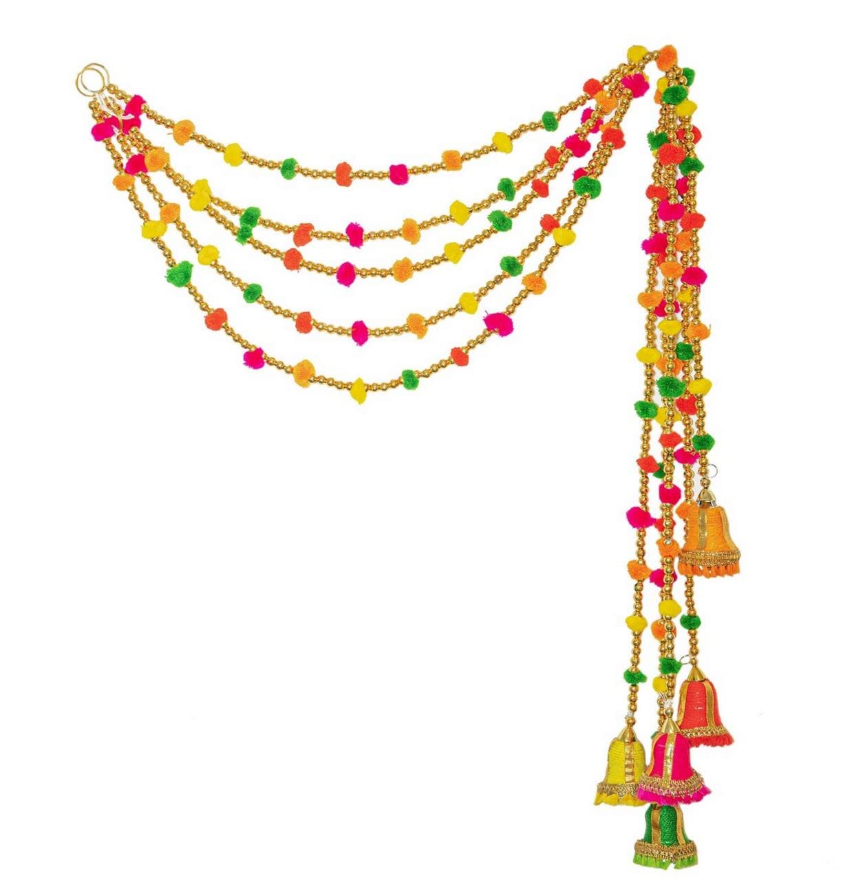 Estationeryhouse Indian Handmade 48" Pom Pom Bells Garland 5 Pack Mixed Color Diwali Christmas Festival Eid Occasions (Mixed)