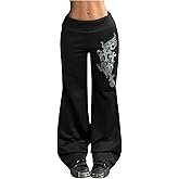 Milumia Women's Grunge Graphic Fold Over Flare Pants Elastic Low Waist Casual Trousers