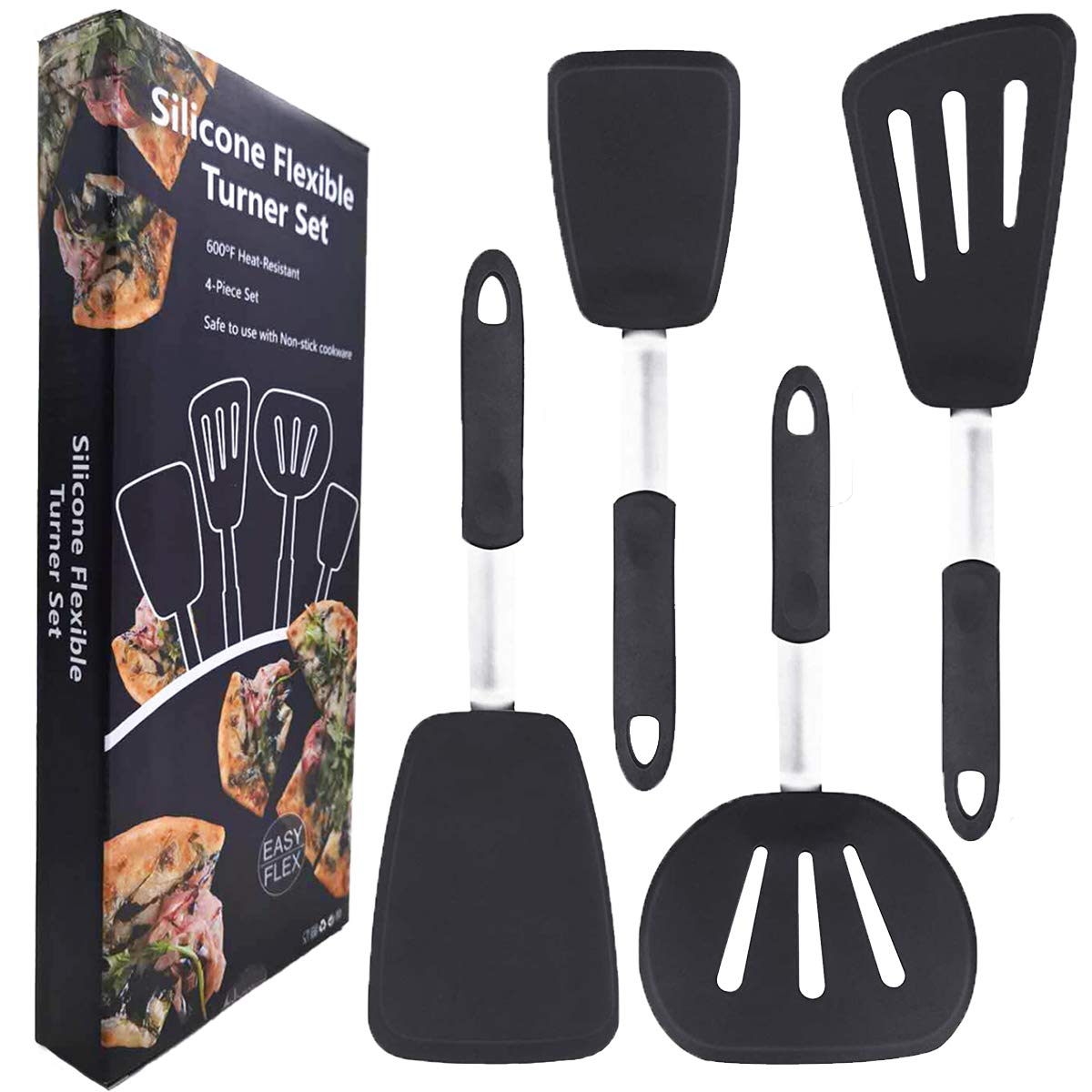 Silicone Turner Spatula Utensils Set - 4 Pack Large 600℉ Heat Resistant NonStick Cookware Rubber Spatulas,BPA Free Kitchen Cooking and Baking tools for Pancake,Eggs,Fish,Omelet,Food Grade Silicone