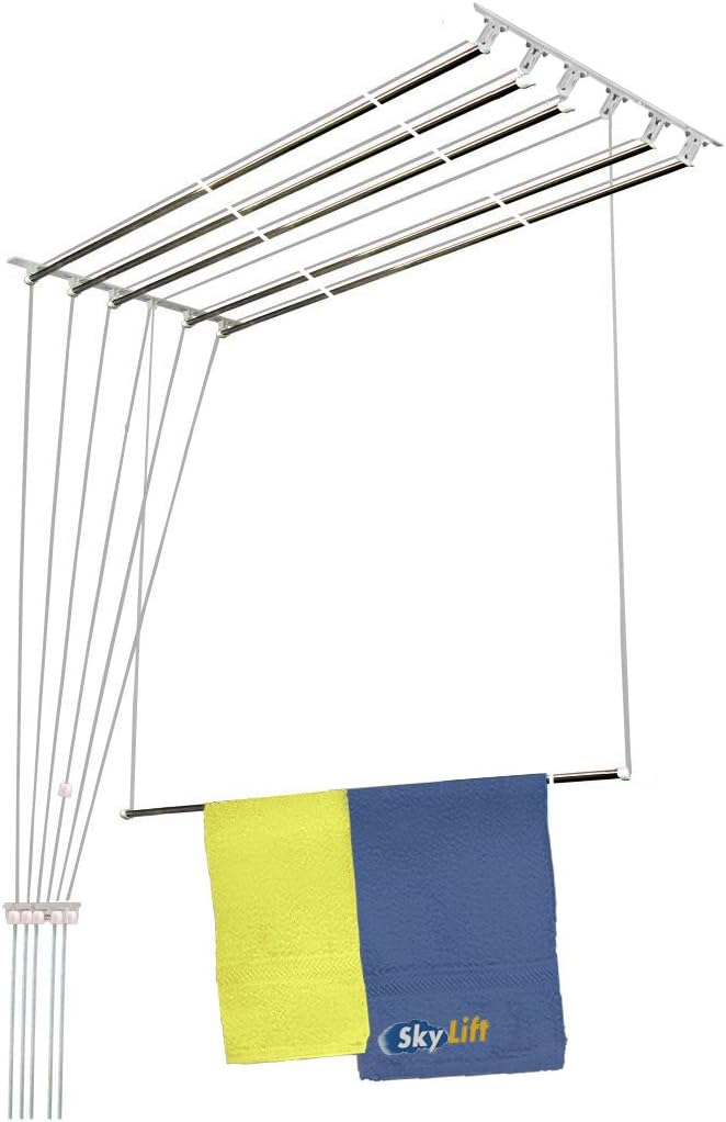 Skylift One by One (OBO) Aluminum Ceiling Mounted Cloth Drying laundry Hanger Stand Rack or Clothes Drying Stand with Pulley for pull and dry easy dry systems Rust Proof for outdoor or indoor Roof Mount Cloth Dryer With Individual Drop down (6 Pipes)
