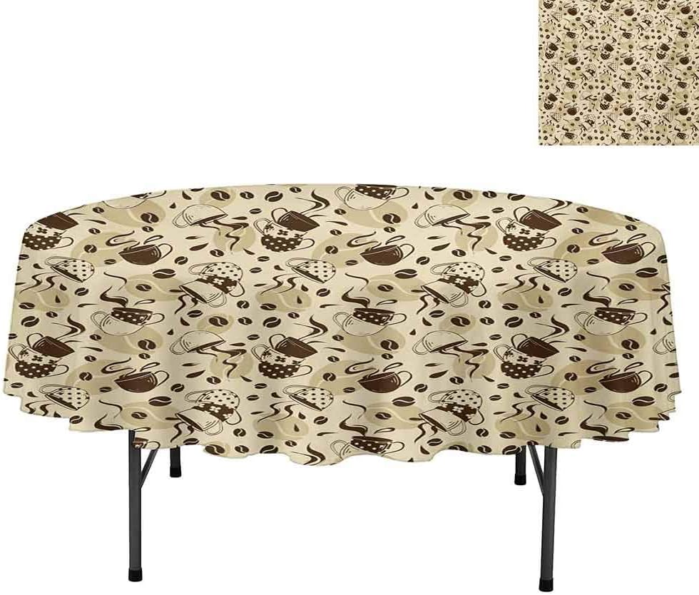 Aishare Store Water Resistance Microfiber Tablecloth, Modern Coffee Cups with Polka Dots and Beans Roasted Sty, Table Cover for Picnic Dinner Party, Round 36", Cream and Brown