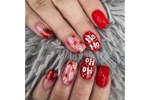JNRNALI Christmas Press on Nails Short Square Christmas Fake Nails with Red Sequins Heart Design Red Glossy Christmas Acrylic Nails Full Cover False Nails Christmas Nail Art Decoration for Women 24Pcs