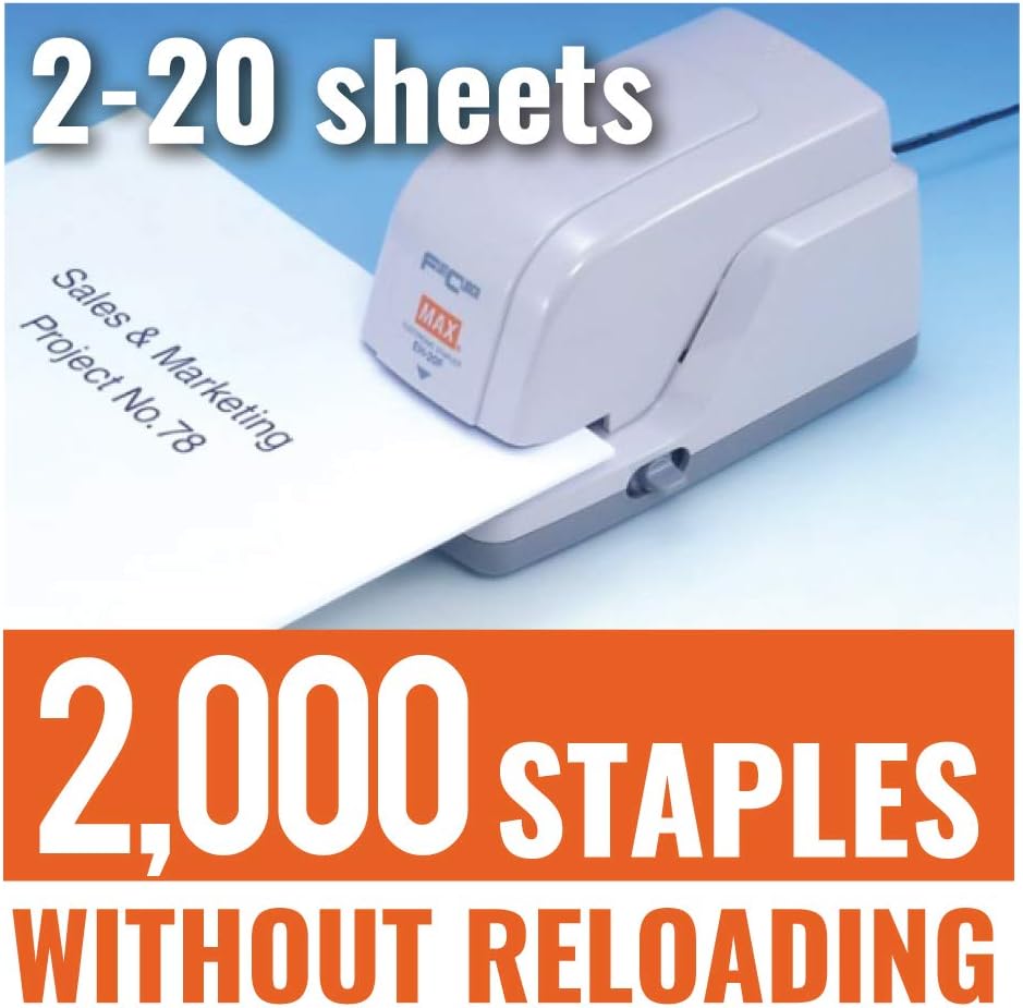 MAX USA CORP. EH-20F EH-20F Flat Clinch Anti-Jam Elec Stapler and Stapler Cartridge, 25 Sheet Cap, Gray, 3.3" x 3.2" x 6.6" : Heavy Duty Desk Staplers : Office Products