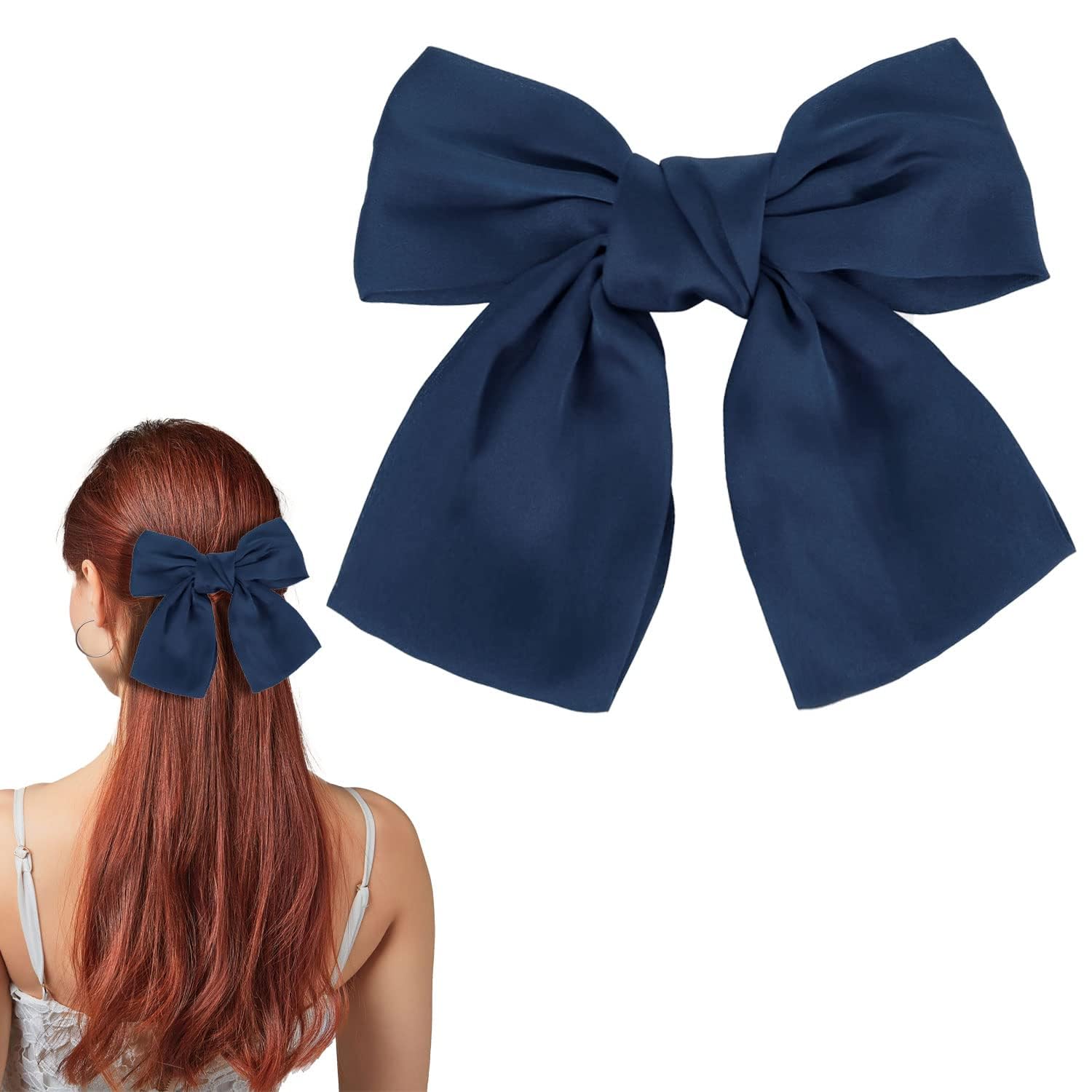 LECTNORE Bow Hair Clip - Navy Hair Bows for Women, Satin Silky Ribbon Bowknot French Barrettes Hair Accessory for Girls(1PC)