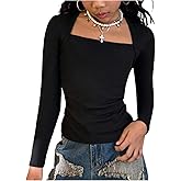RoseSeek Girl's Long Sleeve Top Square Neck Fitted T Shirts Casual Fall Tee Tops