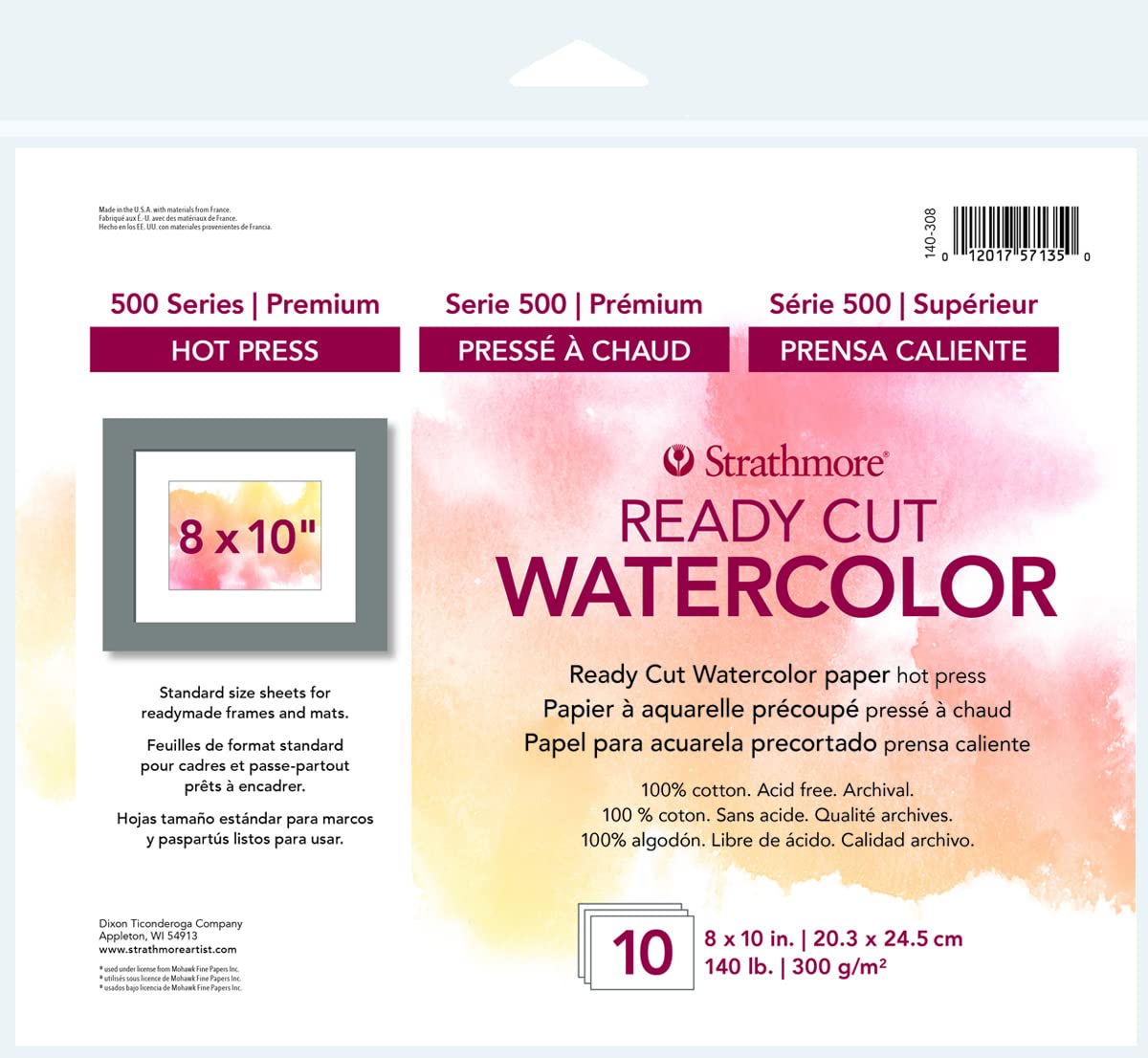 Strathmore 140-308 500 Series Hot Press Ready Cut Watercolor Sheet Pack, 8 x 10