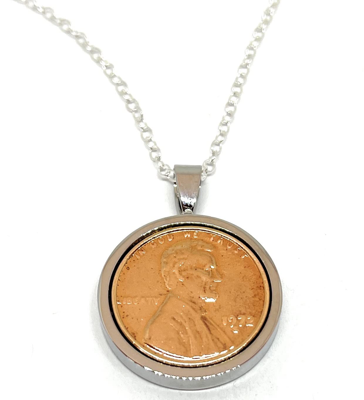 OCC Old Coin Cufflinks Solid 1972 Original Lincoln Cent Silver Plated Pendant for a 54th birthday for Mum, Nan, Gran