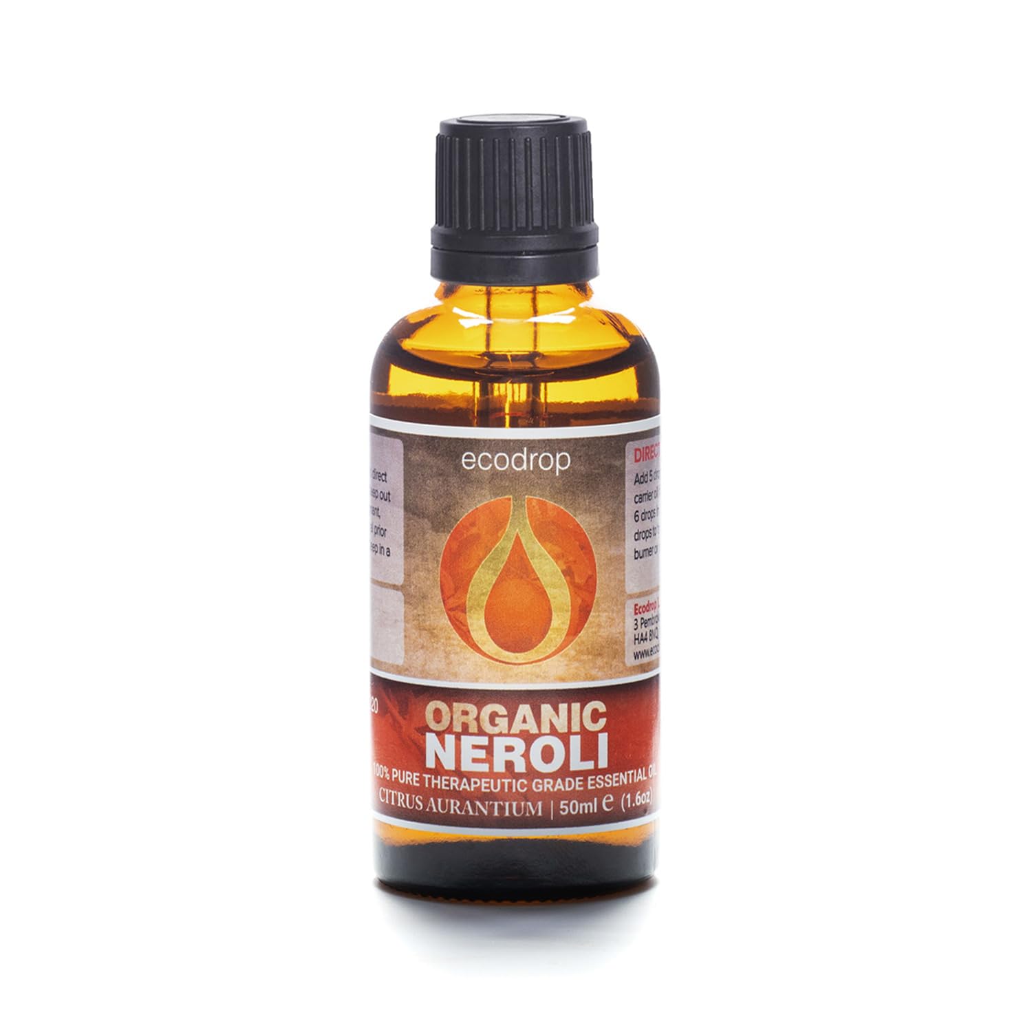 Ecodrop Pure Neroli Essential Oil - 50ml Bottle | 100% Natural Indian Citrus Aurantium Oil | Aromatherapy Massage, Diffuser & Bath Oil for Skin Healing & Menstrual Pain | Organic