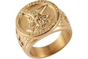 HZMAN St. Michael San Miguel The Great Protector Archangel Defeating Satan Figurine Stainless Steel Amulet Ring