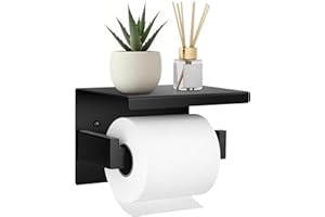 Toilet Paper Holder, Self-adhesive or Screw Toilet Paper Roll Holder with Shelf Storage, SUS304 Stainless Steel Black Toilet 
