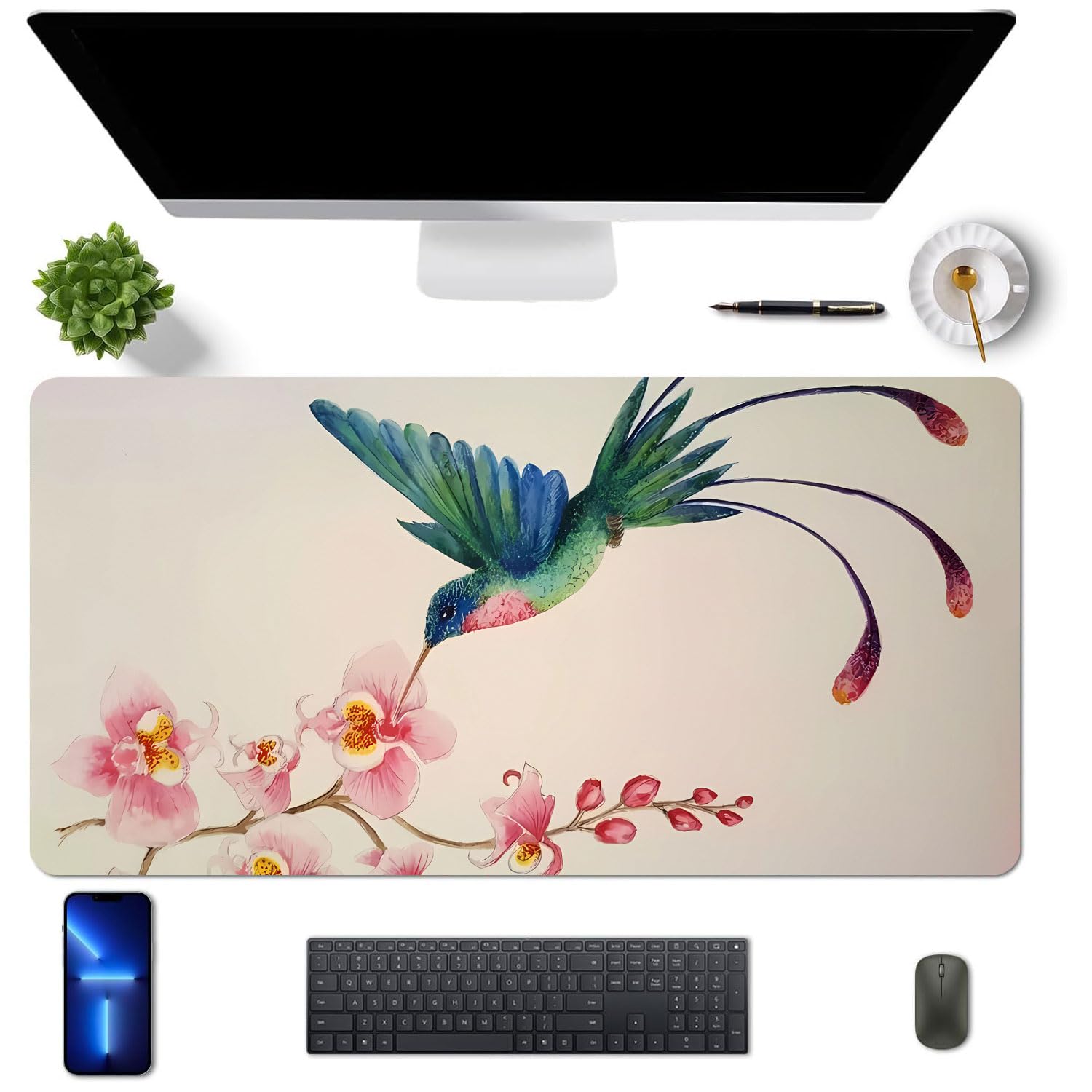 MAYCARI Personalized Bird and Flower Pattern Gaming Desk Mat, Large Desk Pad(27.5"x13.8"), Laptop Desk Mat, Thick Enough for Maintaining Excellent Speed and Control, Non-Slip Rubber Base (70cmx35cm)