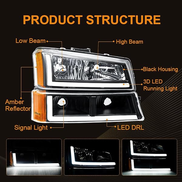 DIMFLUX LED HEADLIGHT ASSEMBLY, COMPATIBLE WITH 2007-2013 CHEVY SILVERADO 1500/2007-2014 SILVERADO 2500HD 3500 NOT FIT 2007(OLD BODY) CLASSIC MODELS CHROME HOUSING AMBER REFLECTOR