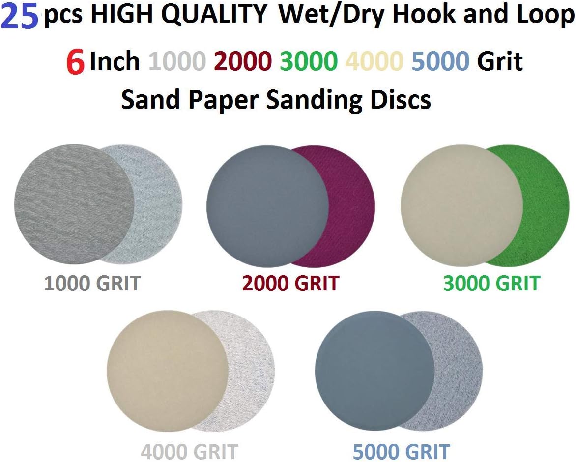 25pcs Wet/Dry Hook and Loop 2 3 5 6 Inch 1000 2000 3000 4000 5000 Grit Sand Paper Sanding Discs (6 inch)