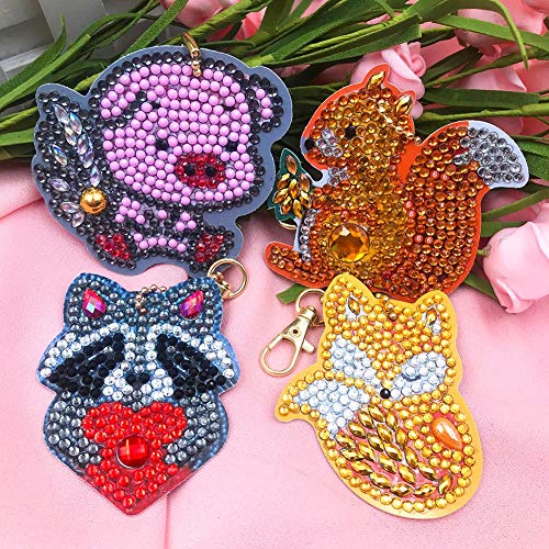 DIY Diamond Painting Keychain Animal Gift Key Ring Full Drill Mosaic Making Diamond Painting Pendant for Art Craft Key Ring Phone Charm Bag Decor(4 Pack)
