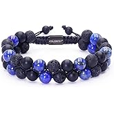 COLORFEY Triple Protection Bracelet for Men Women Mens Blue Beaded Lapis Lazuli Crystal Bracelet Premium Lava Rock Onyx 8mm Stone Bracelets, Healing Energy Bracelets Warm Gift for Him Bring Luck