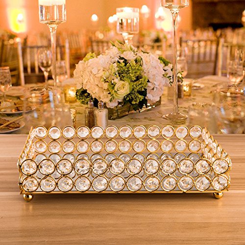 Feyarl Crystal Beads Cosmetic Tray Rectangle Jewelry Organizer Tray Mirrored Decorative Tray (Gold)