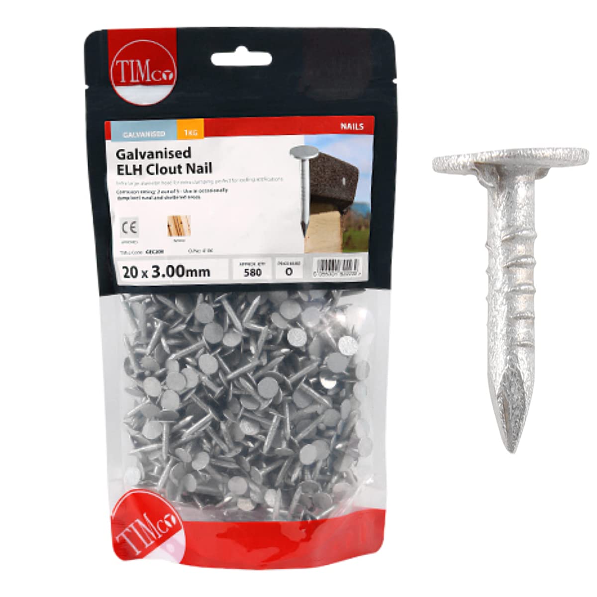 TIMCO Galvanized ELH Clout Nails - 20 x 3.00 - Extra Clamping - Perfect for Fitting Roofing Felt and plasterboard - 1kg Bag - Silver