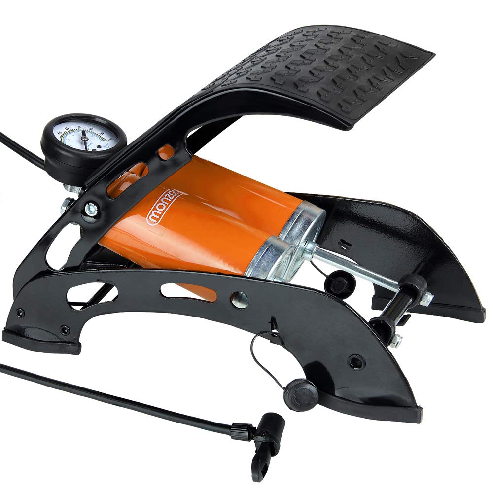 MONZANA® Double Barrel Foot Pump | Twin 125cm Cylinders | Schrader Car Type Connector | Includes Additional Presta Bicycle, Football Needle, Air Mattress Adapters | 100psi 7 Bar 80cm Hose