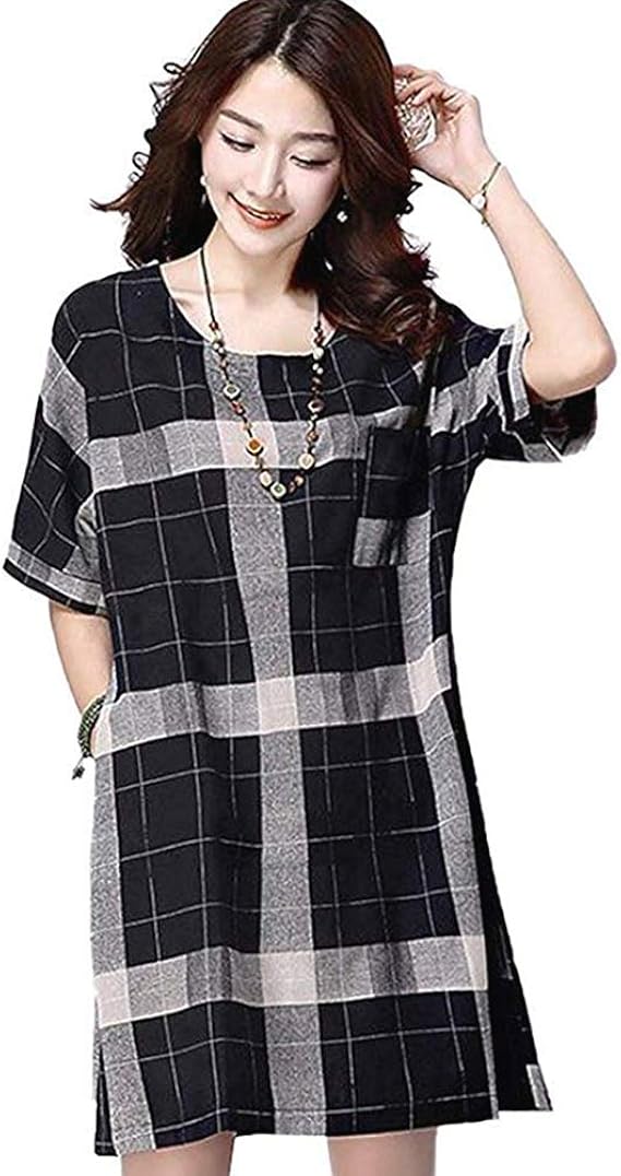 Amazon チュニック ワンピース レディース 女性用 大人 チェック柄 膝丈 オフィス フォーマル カジュアル インナー 半袖 夏 ネイビー ブラック 黒 大きいサイズ 4l ワンピース チュニック 通販