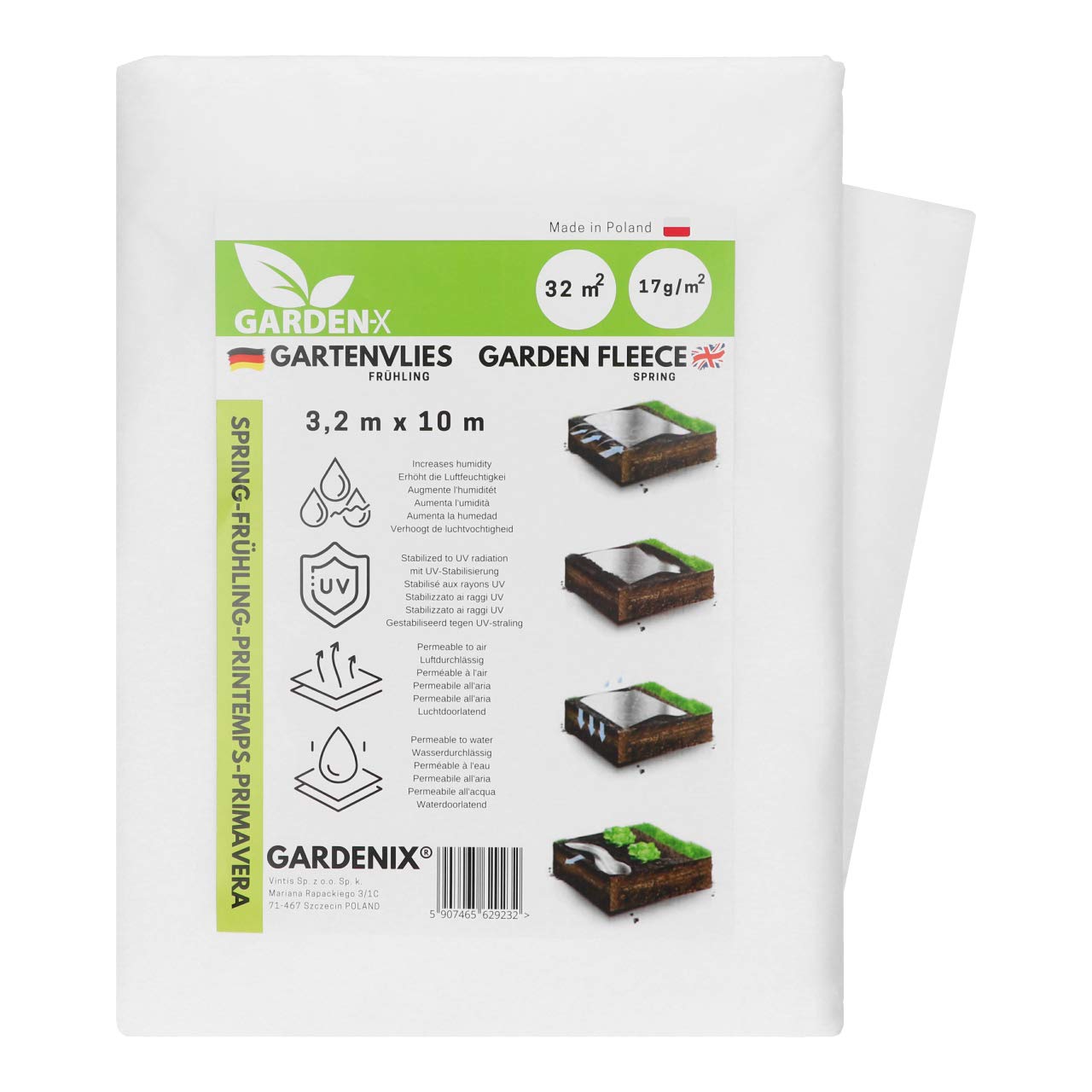 GARDENIX® 32 m² Spring Fleece for Plants - Frost Plant Protection - UV stabilised - Tear-Resistant and Water permeability - Cover From Birds and Insects (3,2m x 10m)