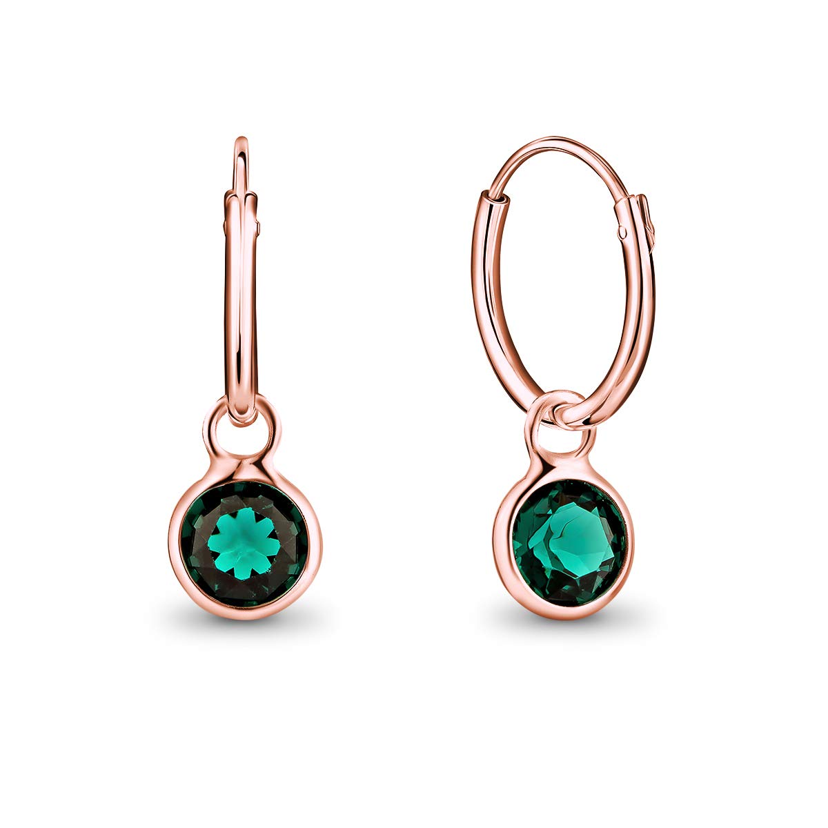 DTPsilver® 925 Sterling Silver Rose Gold Plated SMALL Hoops Earrings - Dangling 5 mm Round Glittering Crystals from Swarovski® Elements - Diameter 12 mm - Colour: Emerald