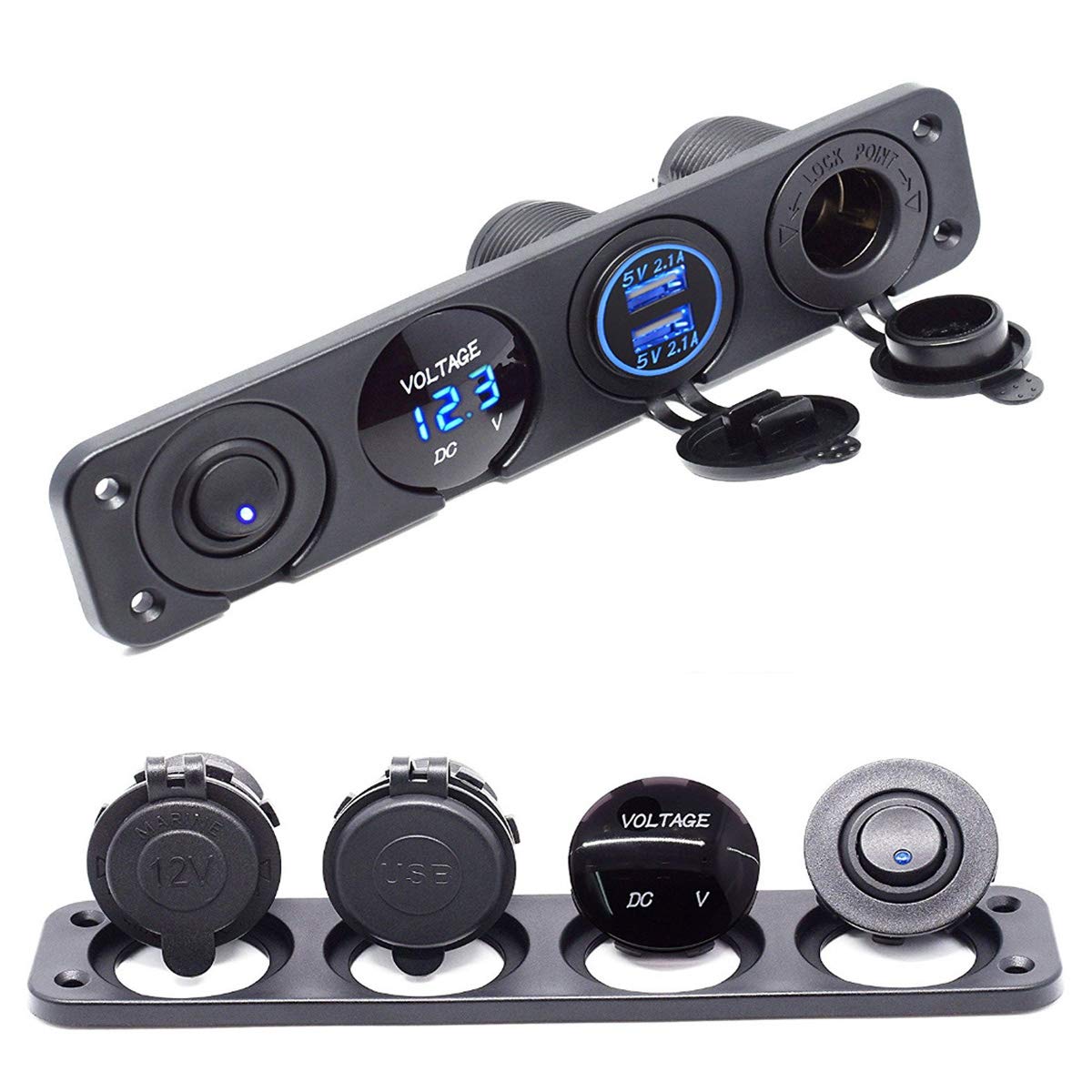 MASO 4 in 1 Charger Switch Socket Panel Dual USB Socket Charger 2.1A&2.1A + LED Voltmeter + 12V Power Outlet + ON-OFF Switch Waterproof Multi-function Panel for Truck Trailer Camper Marine Boat(Blue)
